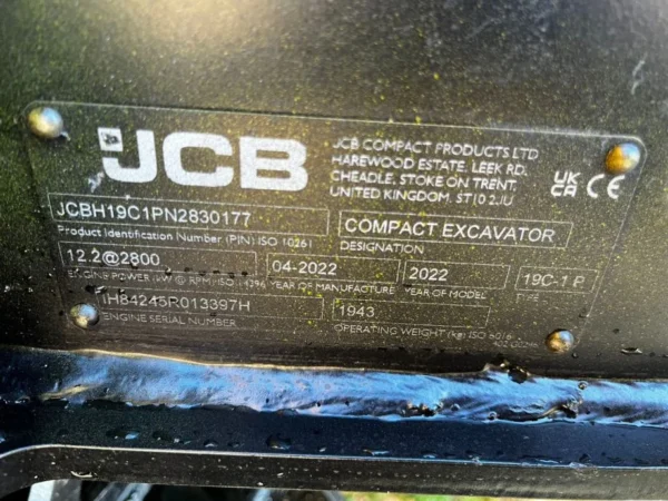 Mini-pelle JCB 19C-1 – 2022 – 1,9 T (785 h)